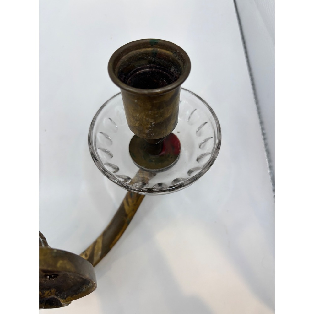 Antique Brass Double Wall Sconce Candle Holder with Glass Bobeches Vintage 2-Arm - Picture 6 of 10